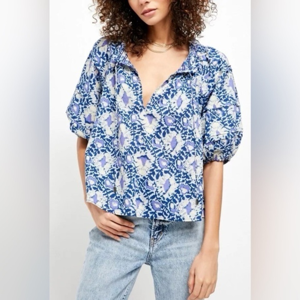 Free People Willow Printed Blouse oversized Size XS 100% Cotton